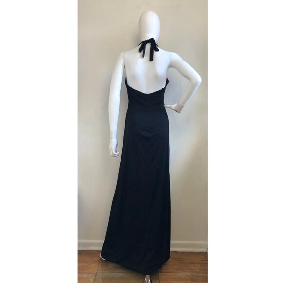 Vintage 1990s Halter Maxi Dress Long Fine Soft Knit Black Pink Fancy Patio Small - Picture 5 of 6